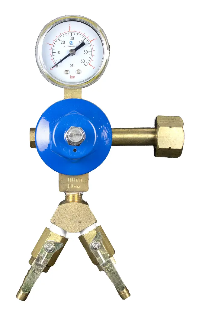 Primary CO2 Regulator | 1 Gauge | 1 Pressure 2 Product | Tank Mount | 0-60psi | 5/16 to 3/8 Multi Barb Shut-Off Outlet