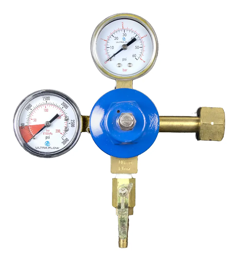 Primary CO2 Regulator | 2 Gauge | 1 Pressure 1 Product | Tank Mount | 0-60psi | 5/16 to 3/8 Multi Barb Shut-Off Outlet