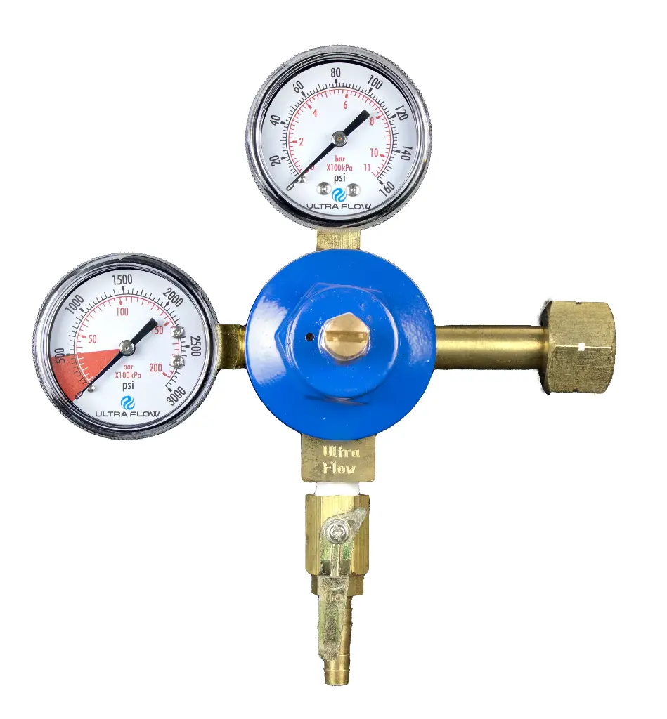 Primary CO2 Regulator | 2 Gauges | 1 Pressure 1 Product | Tank Mount | 0-130psi | 5/16 to 3/8 Multi Barb Shut-Off Outlet