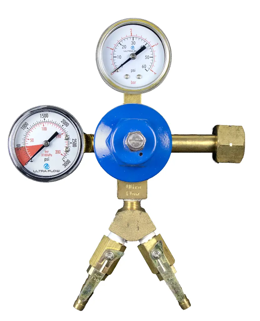 Primary CO2 Regulator | 2 Gauge | 1 Pressure 2 Product | Tank Mount | 0-60psi | 5/16 to 3/8 Multi Barb Shut-Off Outlet