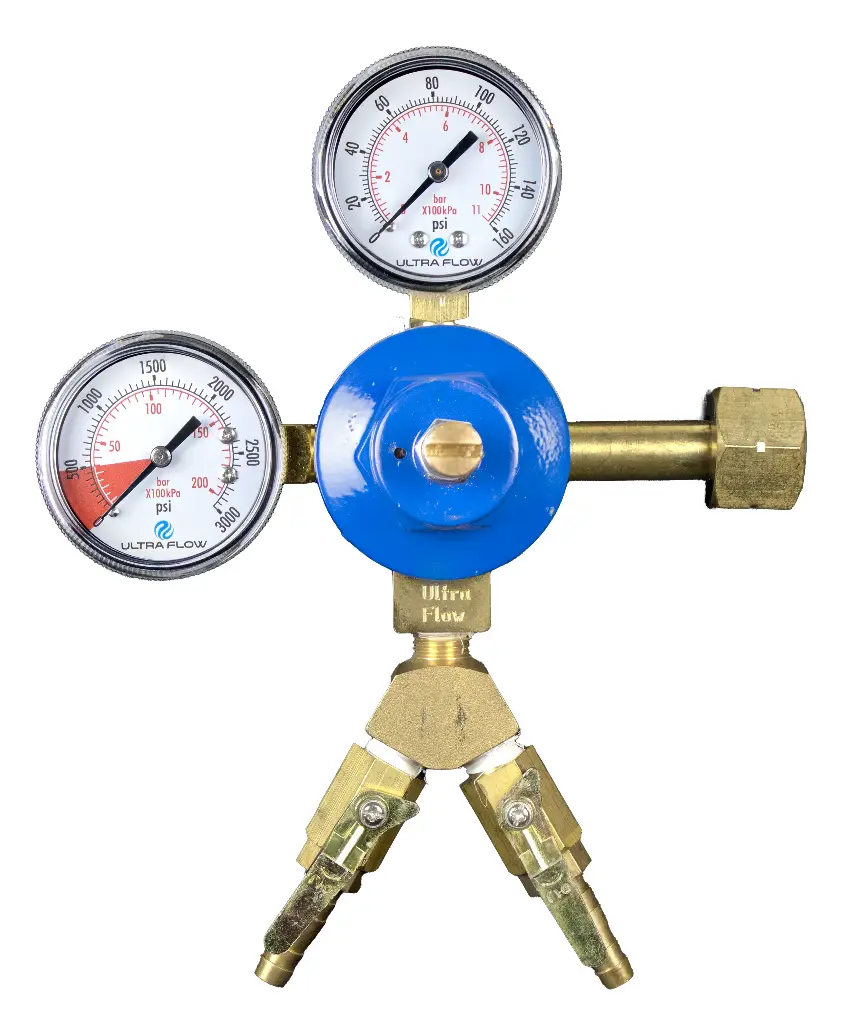 Primary CO2 Regulator | 2 Gauge | 1 Pressure 2 Product | Tank Mount | 0-100psi | 5/16 to 3/8 Multi Barb Shut-Off Outlet