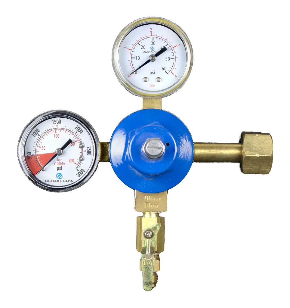 Primary CO2 Regulator | 2 Gauge | 1 Pressure 1 Product | Tank Mount | 0-60psi | 1/4" Flare Fitting Shut-Off Outlet