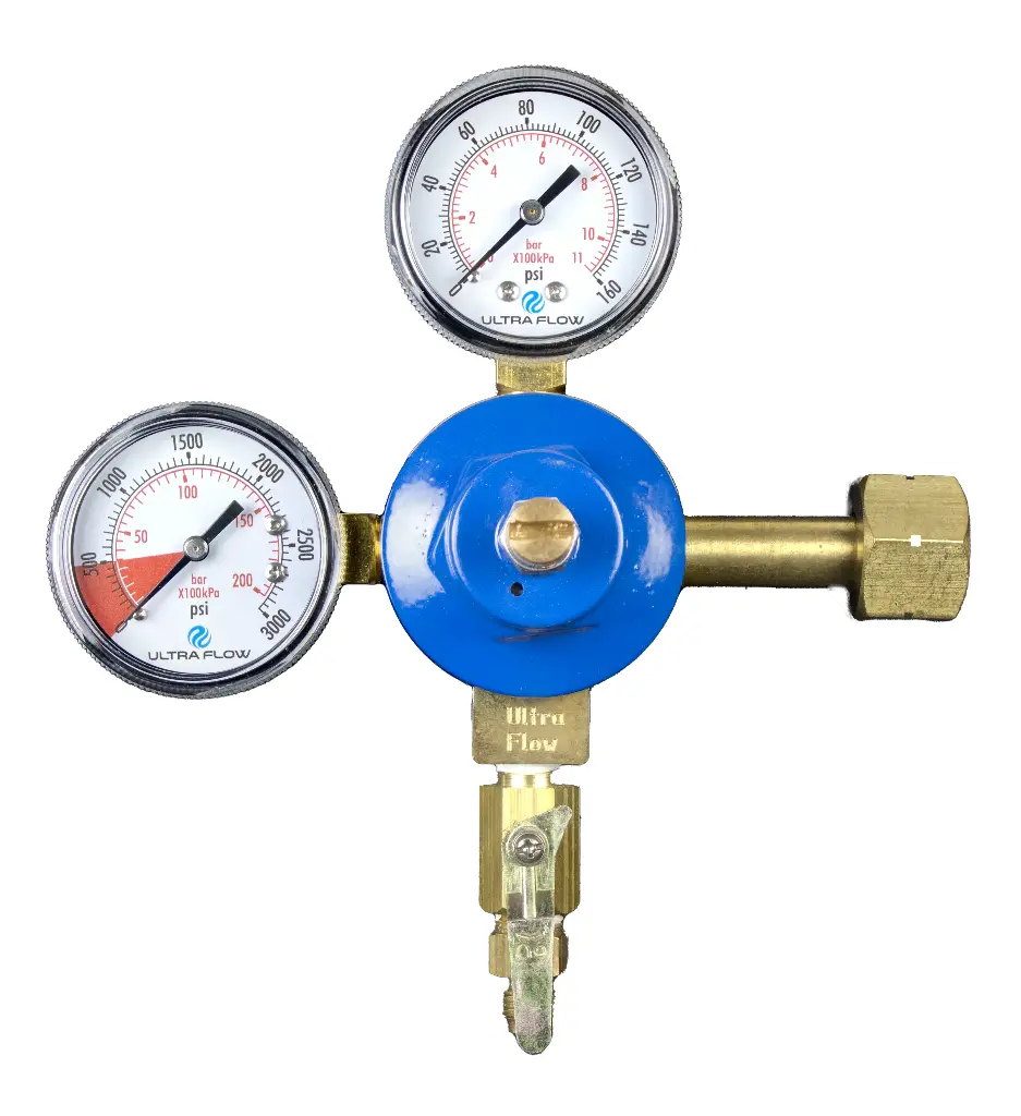 Primary CO2 Regulator | 2 Gauge | 1 Pressure 1 Product | Tank Mount | 0-130psi | 1/4" Flare Fitting Shut-Off Outlet