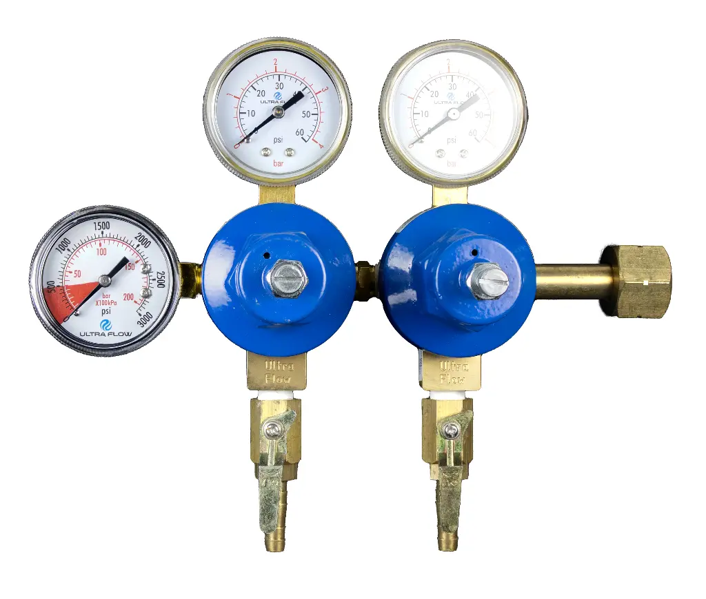 Primary CO2 Regulator | 3 Gauge | 2 Pressure 2 Product | Tank Mount | 0-60psi | 5/16 to 3/8 Multi Barb Shut-Off Outlet