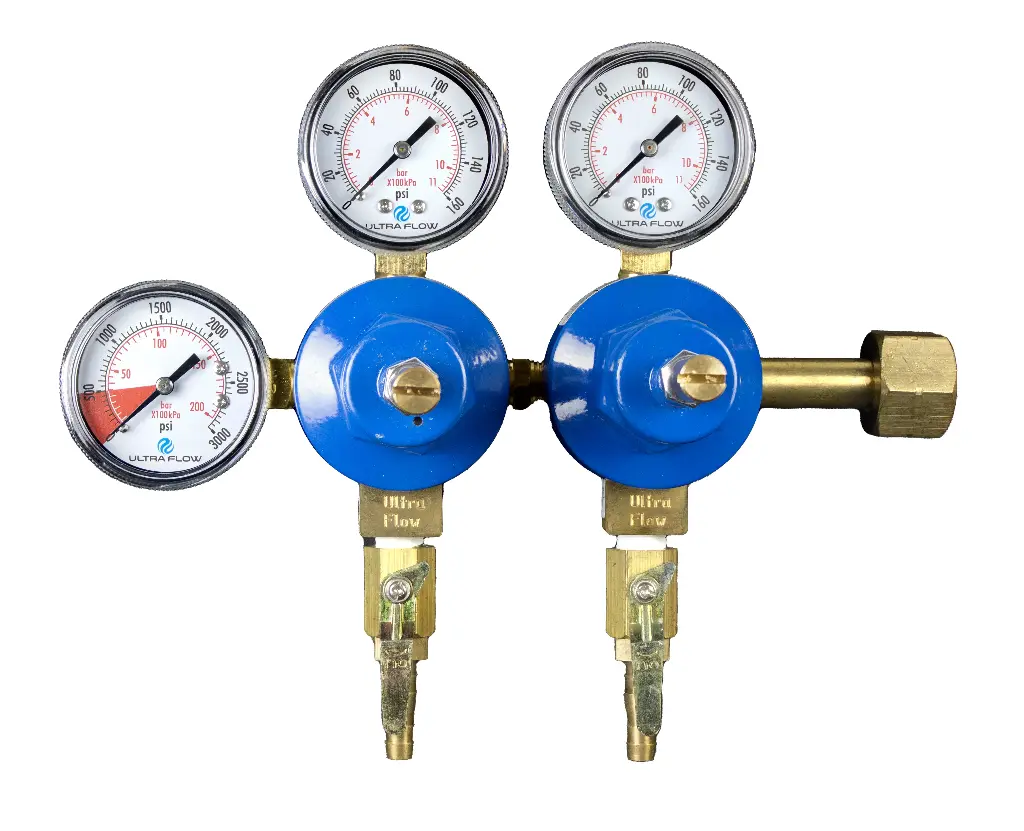 Primary CO2 Regulator | 3 Gauge | 2 Pressure 2 Product | Tank Mount | 0-130psi | 5/16 to 3/8 Multi Barb Shut-Off Outlet