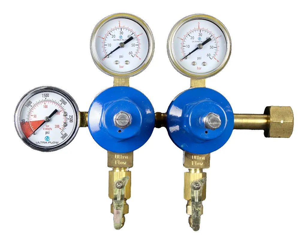 Primary CO2 Regulator | 2 Gauge | 2 Pressure 2 Product | Tank Mount | 0-60psi | 1/4" Flare Fitting Shut-Off Outlet