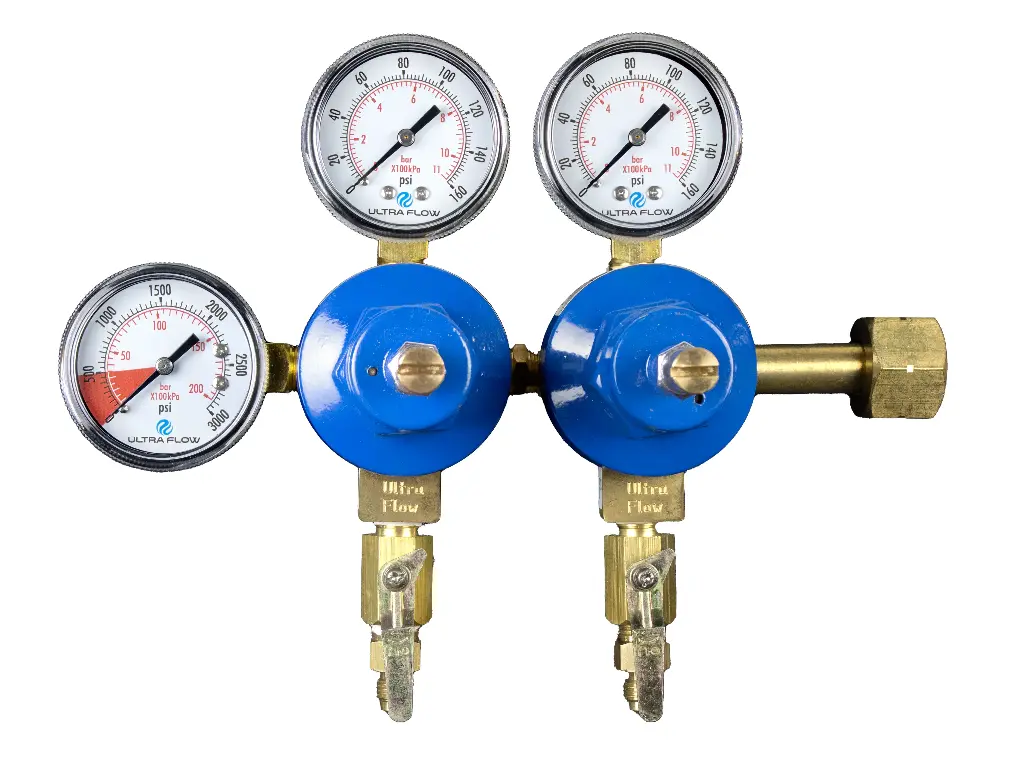 Primary CO2 Regulator | 2 Gauge | 2 Pressure 2 Product | Tank Mount | 0-100psi | 1/4" Flare Fitting Shut-Off Outlet