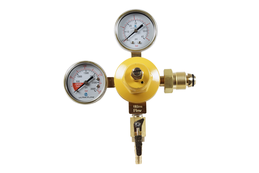 Primary N2 Regulator | 2 Gauge | 1 Pressure 1 Product | Tank Mount | 0-60psi | 5/16 to 3/8 Multi Barb Shut-Off Outlet