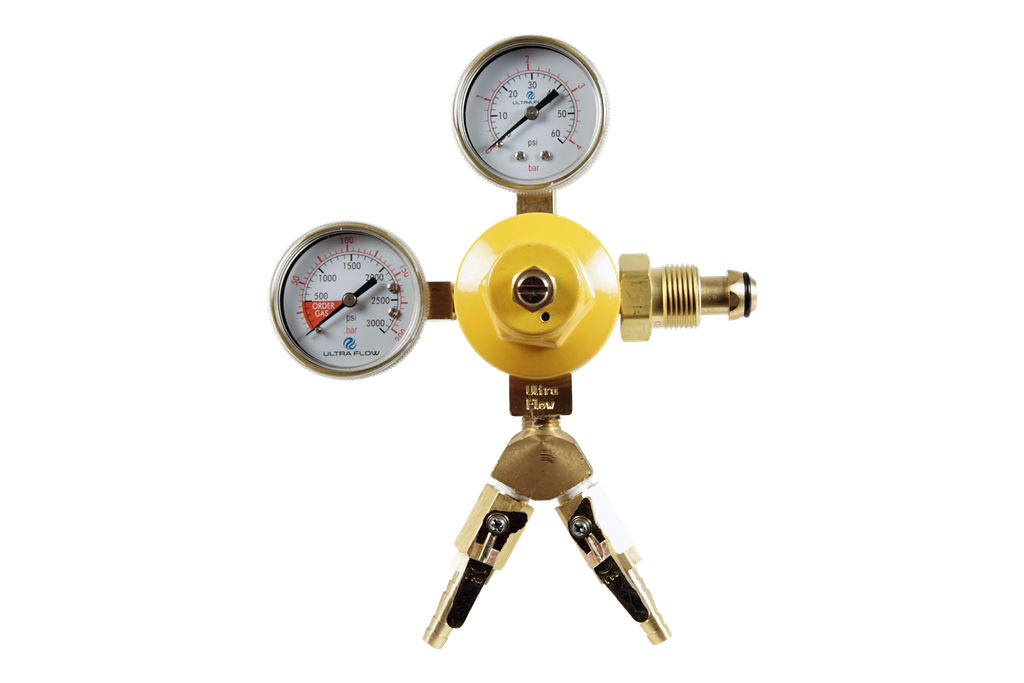 Primary N2 Regulator | 2 Gauge | 1 Pressure 2 Product | Tank Mount | 0-60psi | 5/16 to 3/8 Multi Barb Shut-Off Outlet