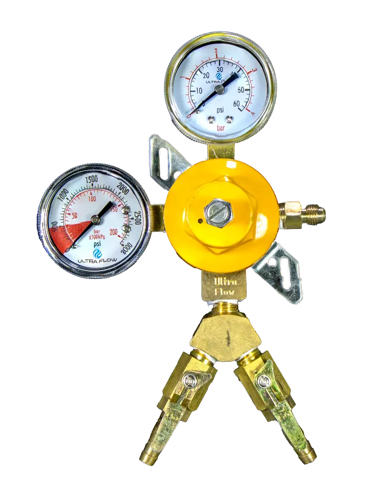Primary N2 Regulator | 2 Gauge | 1 Pressure 2 Product | Wall Mount | 0-60psi | 5/16 to 3/8 Multi Barb Shut-Off Outlet