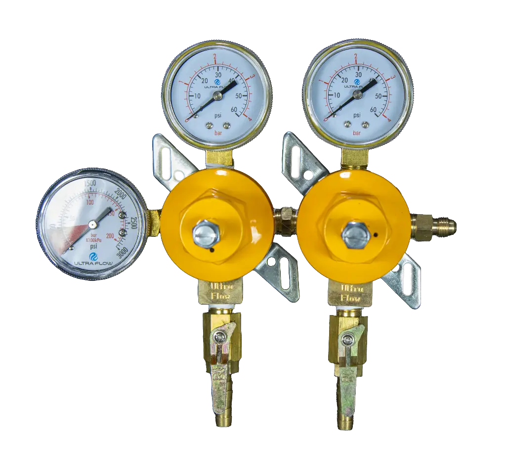 Primary N2 Regulator | 3 Gauge | 2 Pressure 2 Product | Wall Mount | 0-60psi | 5/16 to 3/8 Multi Barb Shut-Off Outlet