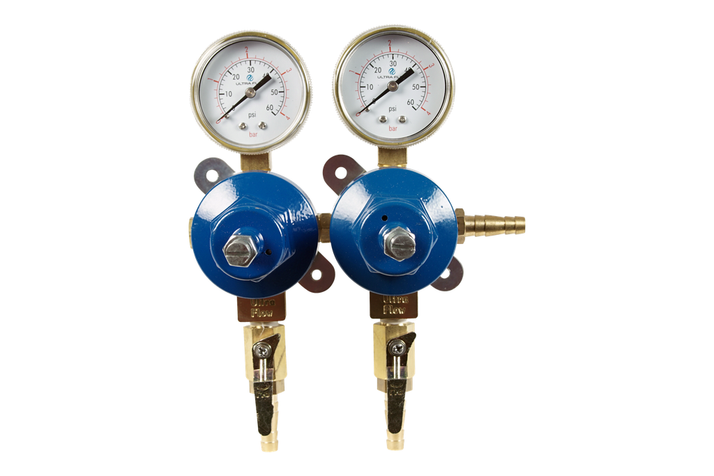 Secondary CO2 Regulator |  2 Pressure 2 Product | Wall Mount | 0-60psi | 5/16 to 3/8 Multi Barb Inlet & Shut-Off Outlet
