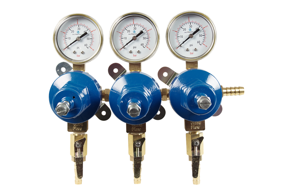 Secondary CO2 Regulator -  3 Pressure 3 Product - Wall Mount - 0-60psi - 5/16 to 3/8 Multi Barb Inlet & Shut-Off Outlet
