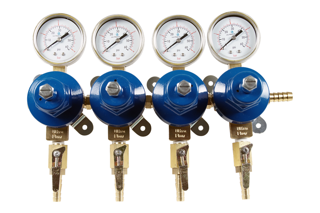 Secondary CO2 Regulator | 4 Pressure 4 Product | Wall Mount | 0-60psi | 5/16 to 3/8 Multi Barb Inlet & Shut-Off Outlet