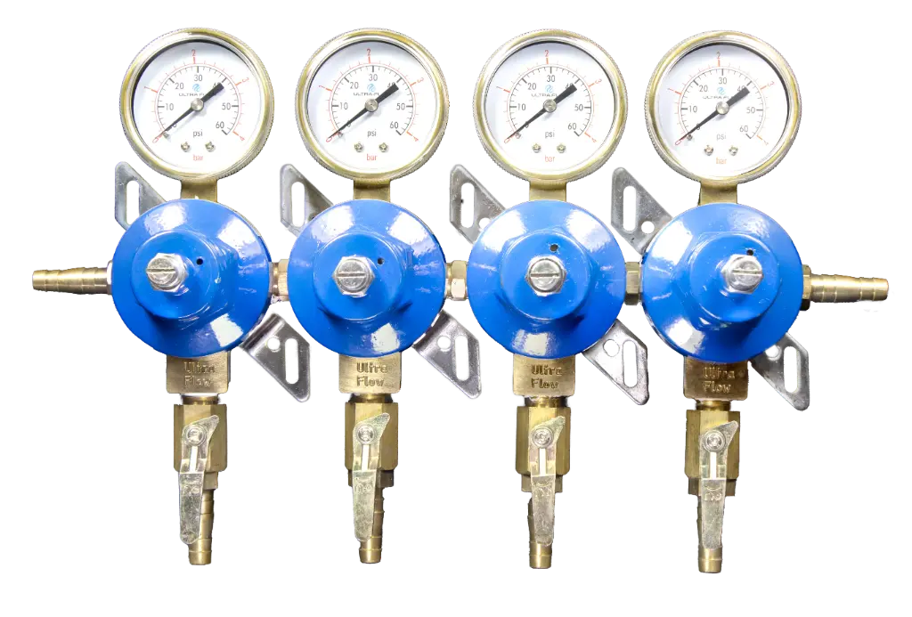 Secondary CO2 Regulator | 4 Pressure 4 Product | Wall Mount | 0-60psi | 5/16 to 3/8 Multi Barb Inlet & Shut-Off Outlet