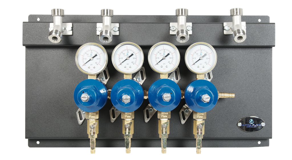 Secondary CO2 Regulator | 4 Pressure 4 Product | Panel Mount | Regulator and Panel Only with Elbows