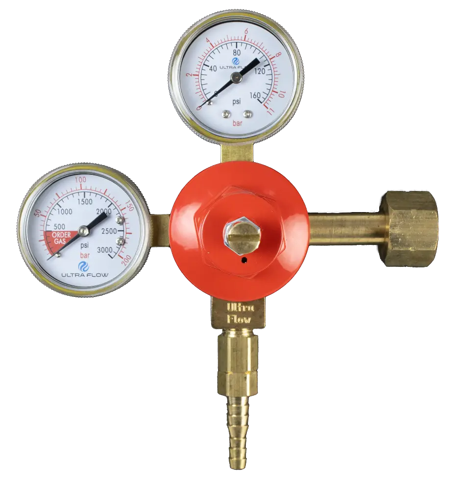 Primary Soda CO2 Regulator | 1 Pressure 1 Product | Tank Mount | 1/4 to 3/8 Multi Barb Outlet with Check Ball | Red
