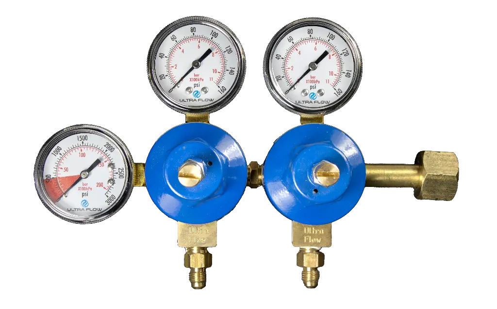 Primary Soda CO2 Regulator | 2 Pressure 2 Product | Tank Mount | 1/4 Flare Fitting with Check Ball Outlet | Blue