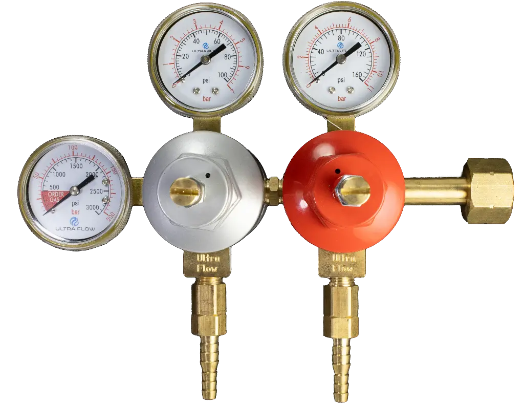 Primary Soda CO2 Regulator | 2 Pressure 2 Product | High 130psi / Low 100psi | Tank Mount | 1/4 to 3/8 Multi Barb Outlet | Red & Silver