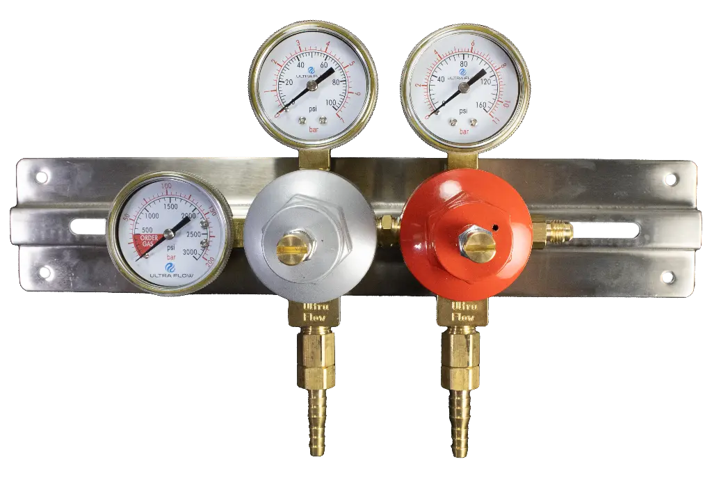 Primary Soda CO2 Regulator | 2 Pressure 2 Product | High 130psi / Low 100psi | Wall/BIB Mount | 1/4 to 3/8 Multi Barb Outlet