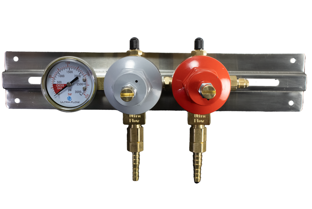 Primary Soda CO2 Regulator | 2 Pressure 2 Product | High 130psi / Low 100psi | Wall/BIB Mount | 1/4 to 3/8 Multi Barb Outlet | with Schrader Valves