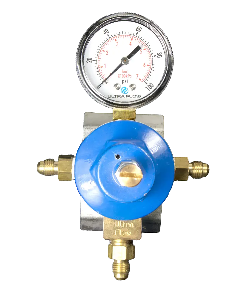 Secondary Soda CO2 Regulator | 1 Pressure 1 Product | BIB Mount | 0-100psi | 1/4 Flare Fitting with Check Ball Outlet | 1/4 Flare Fitting without Check Ball Inlets | Blue