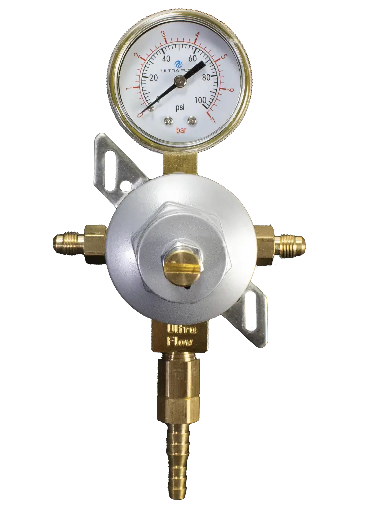 Secondary Soda CO2 Regulator | 1 Pressure 1 Product | Wall Mount | 0-100psi | 1/4 to 3/8 Multi Barb with Check Ball Outlet | 1/4 Flare Fitting without Check Ball Inlets | Silver
