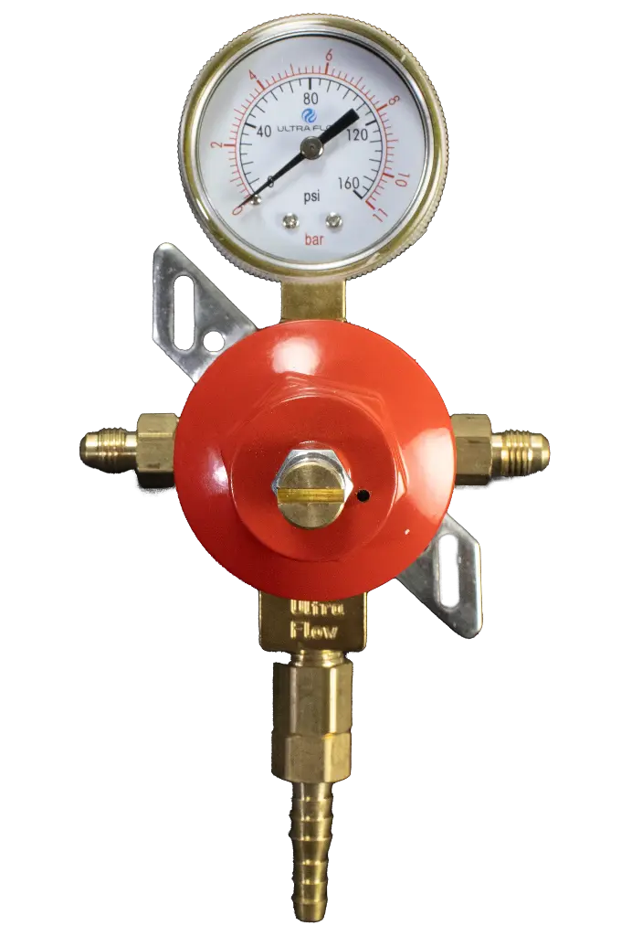 Secondary Soda CO2 Regulator | 1 Pressure 1 Product | Wall Mount | 0-130psi - 1/4 to 3/8 Multi Barb with Check Ball Outlet | 1/4 Flare Fitting without Check Ball Inlets | Red