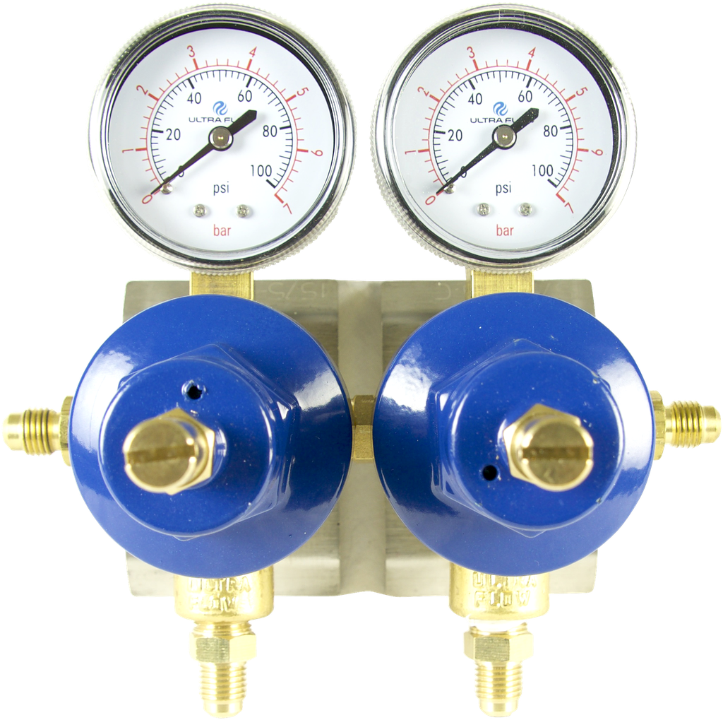 Secondary Soda CO2 Regulator | 2 Pressure 2 Product | BIB Mount | 0-100psi | 1/4 Flare Fitting with Check Ball Outlet | 1/4 Flare Fitting without Check Ball Inlets - Blue