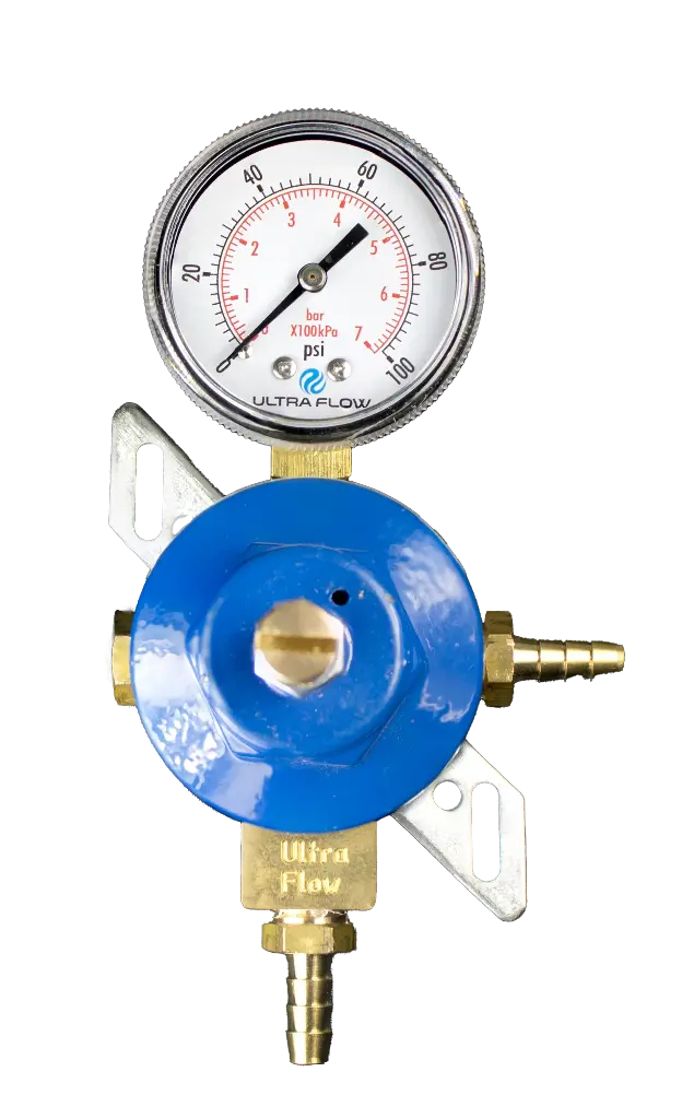 Secondary Soda CO2 Regulator | 1 Pressure 1 Product | Wall Mount | 0-130psi | Plug on Left Side | 1/4" Barb Inlet & Outlet | No Check Ball