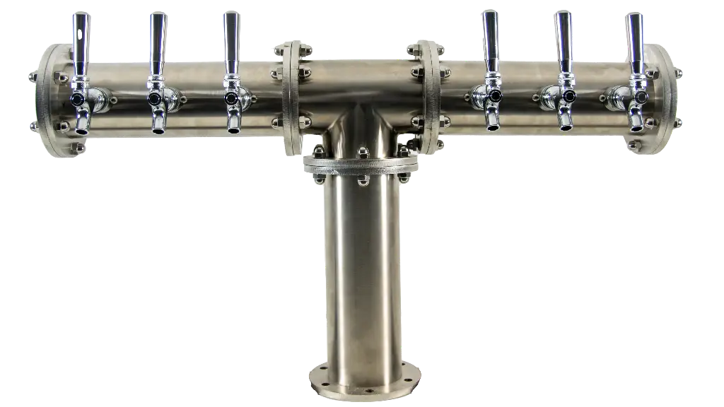 Industrial Pipe 'T' Tower | Brushed Stainless Steel Finish | 6 Faucets | Glycol Cooled