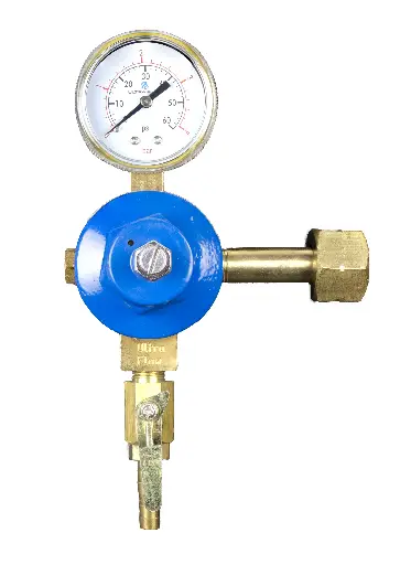 [R1001] Primary CO2 Regulator | 1 Gauge | 1 Pressure 1 Product | Tank Mount | 0-60psi | 5/16 to 3/8 Multi Barb Shut-Off Outlet