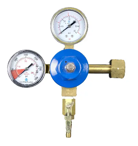 [R1002] Primary CO2 Regulator | 2 Gauge | 1 Pressure 1 Product | Tank Mount | 0-60psi | 5/16 to 3/8 Multi Barb Shut-Off Outlet