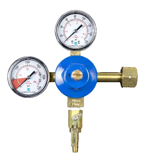 [R1002H] Primary CO2 Regulator | 2 Gauges | 1 Pressure 1 Product | Tank Mount | 0-130psi | 5/16 to 3/8 Multi Barb Shut-Off Outlet