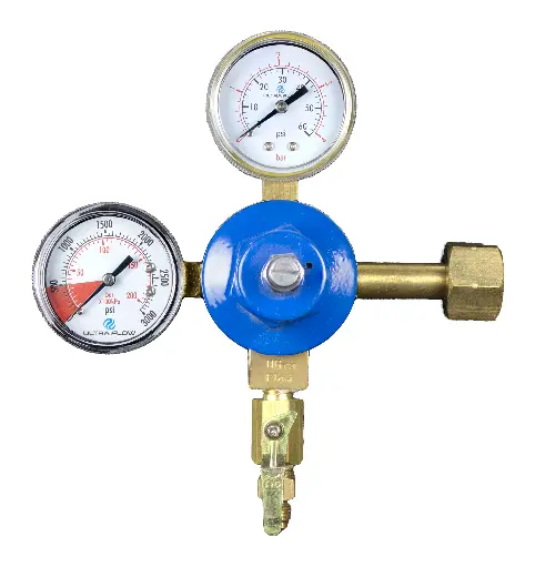 [R1004] Primary CO2 Regulator | 2 Gauge | 1 Pressure 1 Product | Tank Mount | 0-60psi | 1/4" Flare Fitting Shut-Off Outlet
