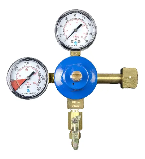[R1004H] Primary CO2 Regulator | 2 Gauge | 1 Pressure 1 Product | Tank Mount | 0-130psi | 1/4" Flare Fitting Shut-Off Outlet