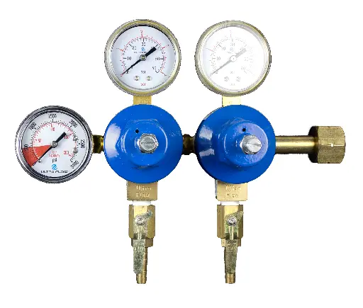 [R1022] Primary CO2 Regulator | 3 Gauge | 2 Pressure 2 Product | Tank Mount | 0-60psi | 5/16 to 3/8 Multi Barb Shut-Off Outlet