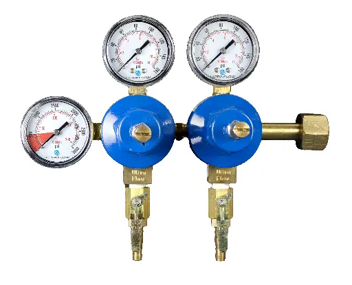 [R1022H] Primary CO2 Regulator | 3 Gauge | 2 Pressure 2 Product | Tank Mount | 0-130psi | 5/16 to 3/8 Multi Barb Shut-Off Outlet