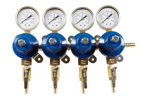 [R1144] Secondary CO2 Regulator | 4 Pressure 4 Product | Wall Mount | 0-60psi | 5/16 to 3/8 Multi Barb Inlet & Shut-Off Outlet