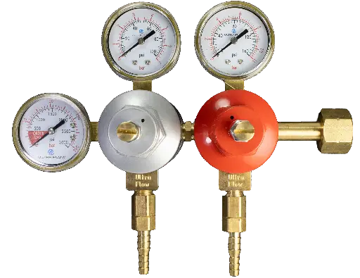 [R1322DP] Primary Soda CO2 Regulator | 2 Pressure 2 Product | High 130psi / Low 100psi | Tank Mount | 1/4 to 3/8 Multi Barb Outlet | Red & Silver