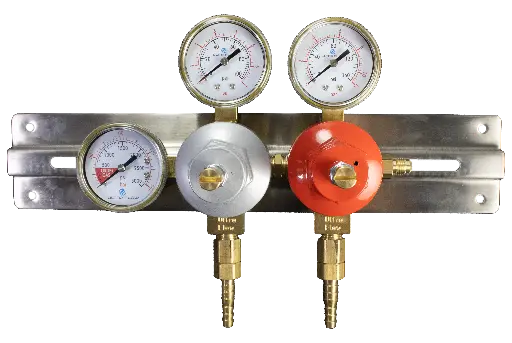 [R1322-2] Primary Soda CO2 Regulator | 2 Pressure 2 Product | High 130psi / Low 100psi | Wall/BIB Mount | 1/4 to 3/8 Multi Barb Outlet