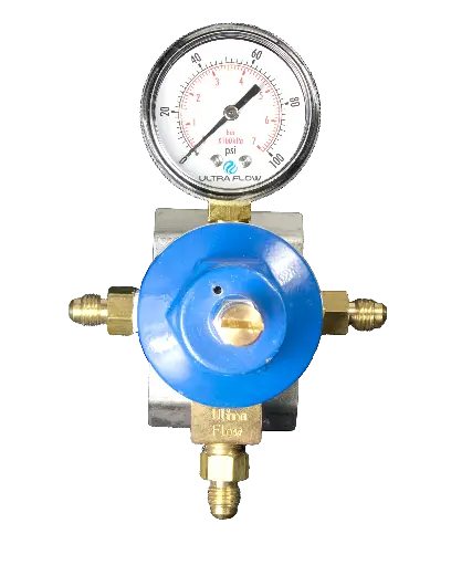 [R1411] Secondary Soda CO2 Regulator | 1 Pressure 1 Product | BIB Mount | 0-100psi | 1/4 Flare Fitting with Check Ball Outlet | 1/4 Flare Fitting without Check Ball Inlets | Blue