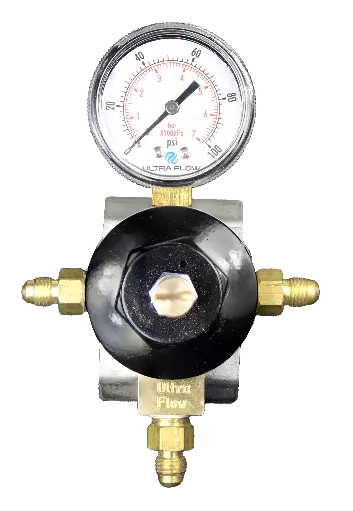 [R1411B] Secondary Soda CO2 Regulator | 1 Pressure 1 Product | BIB Mount | 0-100psi | 1/4 Flare Fitting with Check Ball Outlet | 1/4 Flare Fitting without Check Ball Inlets | Black