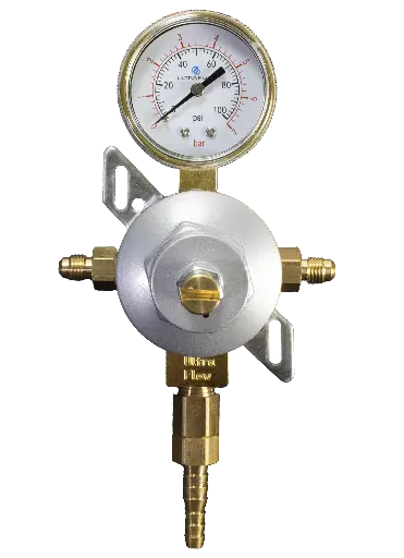 [R1411C] Secondary Soda CO2 Regulator | 1 Pressure 1 Product | Wall Mount | 0-100psi | 1/4 to 3/8 Multi Barb with Check Ball Outlet | 1/4 Flare Fitting without Check Ball Inlets | Silver