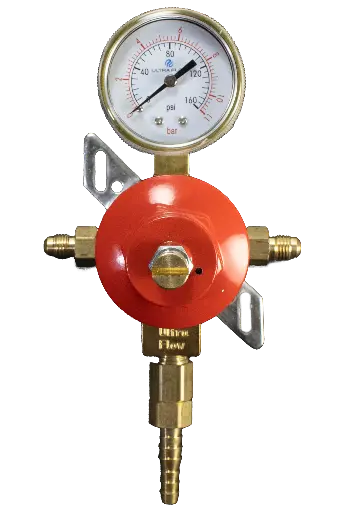 [R1411HC] Secondary Soda CO2 Regulator | 1 Pressure 1 Product | Wall Mount | 0-130psi - 1/4 to 3/8 Multi Barb with Check Ball Outlet | 1/4 Flare Fitting without Check Ball Inlets | Red