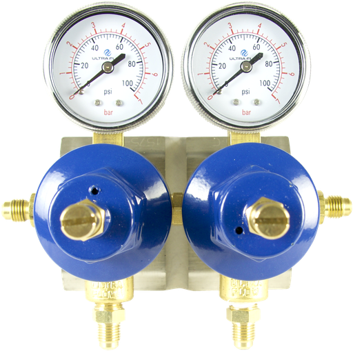 [R1422] Secondary Soda CO2 Regulator | 2 Pressure 2 Product | BIB Mount | 0-100psi | 1/4 Flare Fitting with Check Ball Outlet | 1/4 Flare Fitting without Check Ball Inlets - Blue