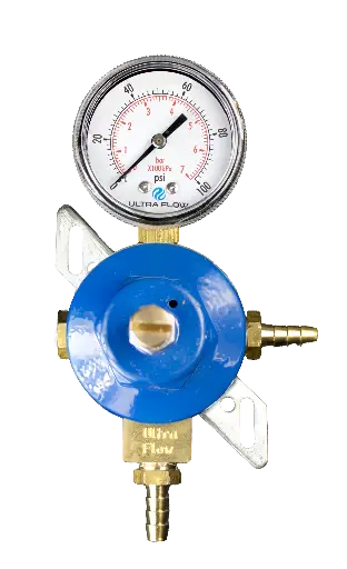 [R1411-14P] Secondary Soda CO2 Regulator | 1 Pressure 1 Product | Wall Mount | 0-130psi | Plug on Left Side | 1/4" Barb Inlet & Outlet | No Check Ball
